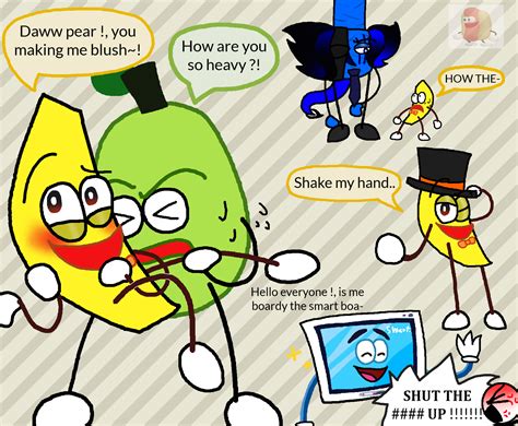 Shovelware brain game fanart - Pear is an audience member from Shovelware’s Brain Game, who tends to "criticize" the show, only to get shot down by the Dancing Banana. They are a pear with a green tint and a leaf attached to their stem. They often wear a frown, and their eyes have black pupils with white irises. They have skinny black limbs, and their hands are a pair of white spheres. Pear is very judgmental and is ...